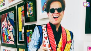 Britto Romero life-sized cutout greets visitors at his Lincoln Road art gallery.